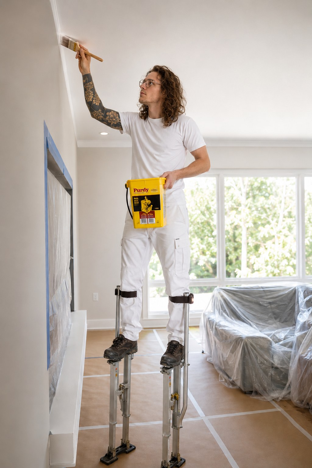 Eugene Zakusylo painting a ceiling line on drywall stilts